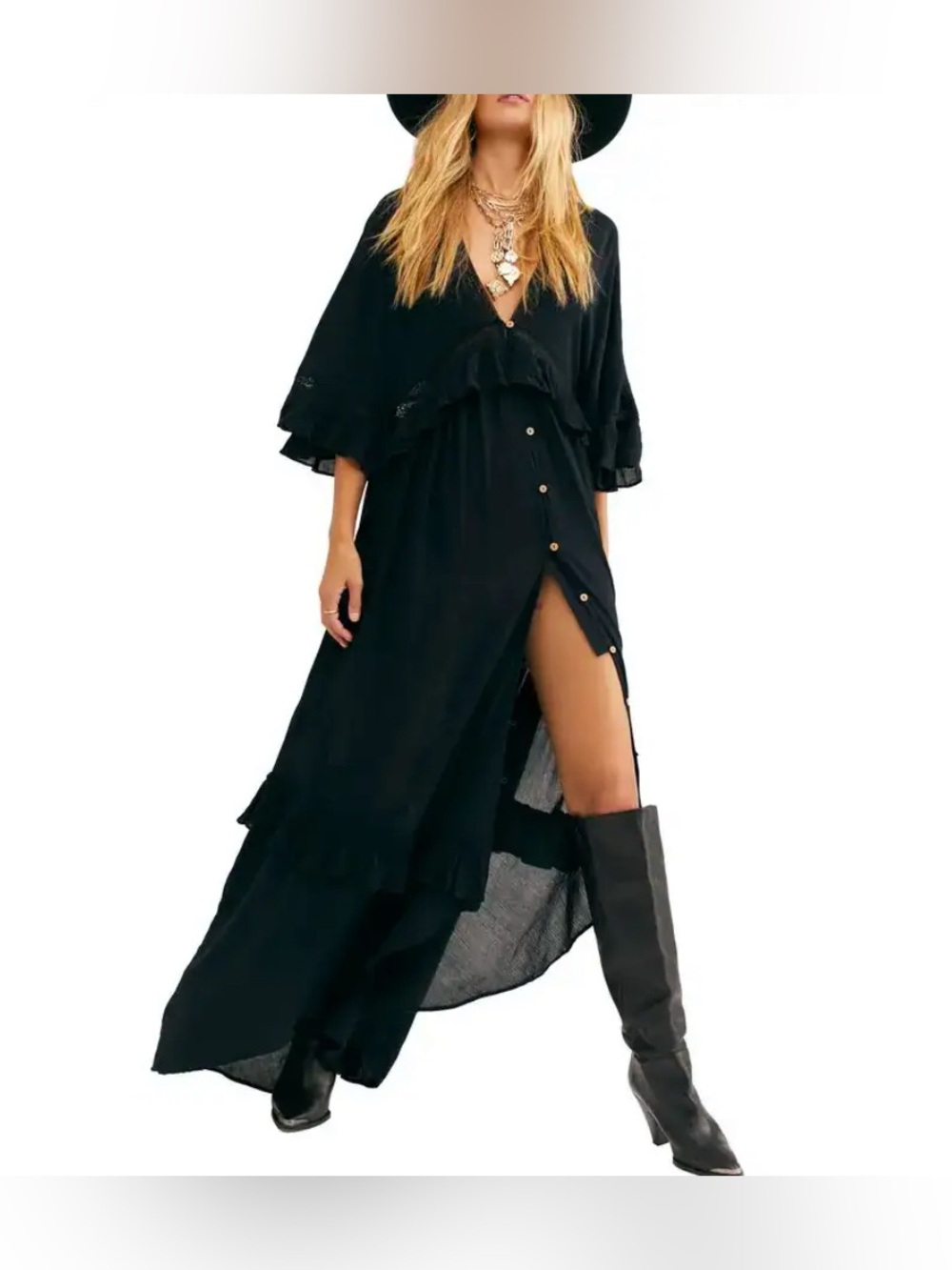 Free People Paradiso Black Ruffle-Trim Maxi Dress size XS Flowey NWT Romantic